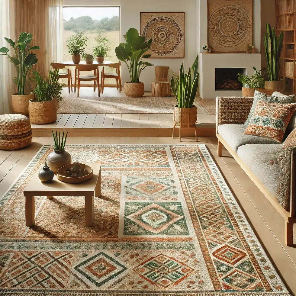 A stylish, eco-friendly living room featuring a large wool carpet with intricate geometric and floral patterns, surrounded by sustainable wooden furniture and indoor plants. The room is bright with natural light, highlighting the vibrant wool carpet and eco-conscious design.