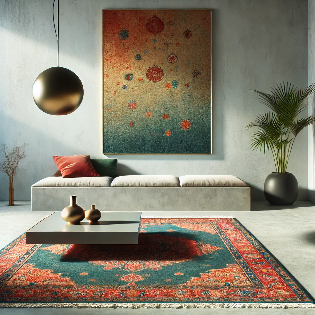 A colorful Persian rug paired with minimalist modern décor.