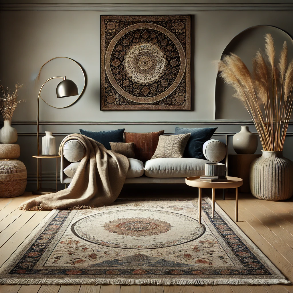  A smaller Persian rug layered over a larger neutral rug.