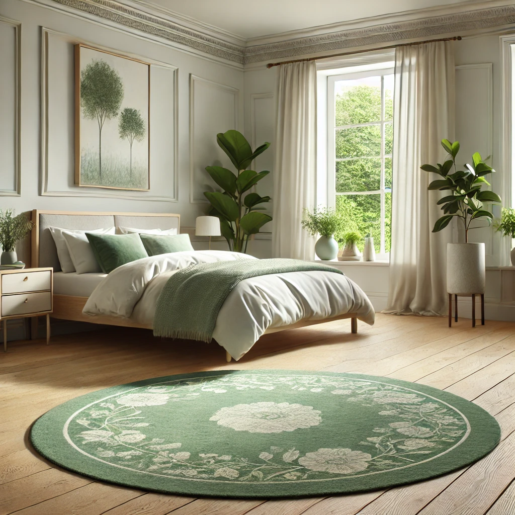 Tranquil bedroom with a soft sage green rug, light wooden furniture, and potted plants.