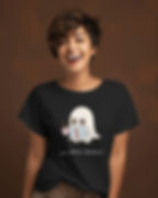 Morbido Black round neck women's T-shirt with front design of a ghost reading a book and text, "sip, read, repeat"