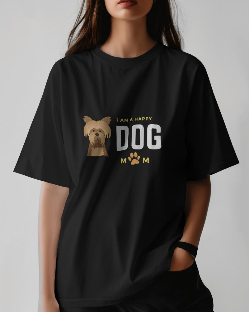 Black women's oversize T-shirt with front print of a dog and text