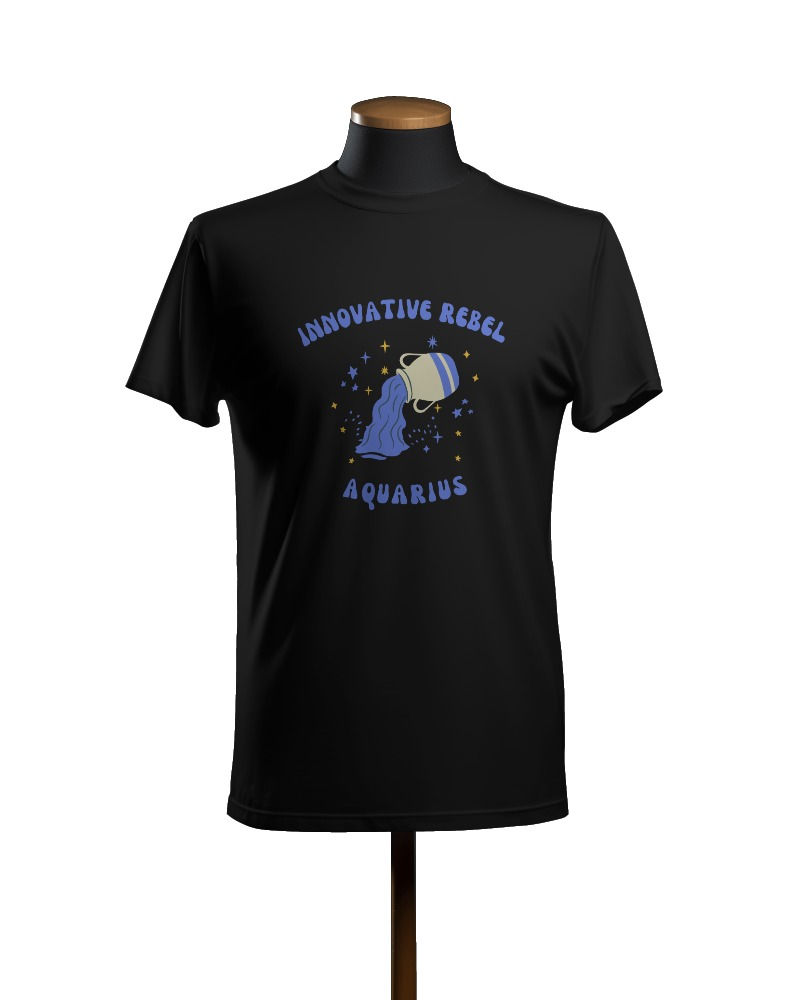 Morbido Black round neck unisex zodiac T-shirt with front design of Aquarius sign and text, "innovative rebel"