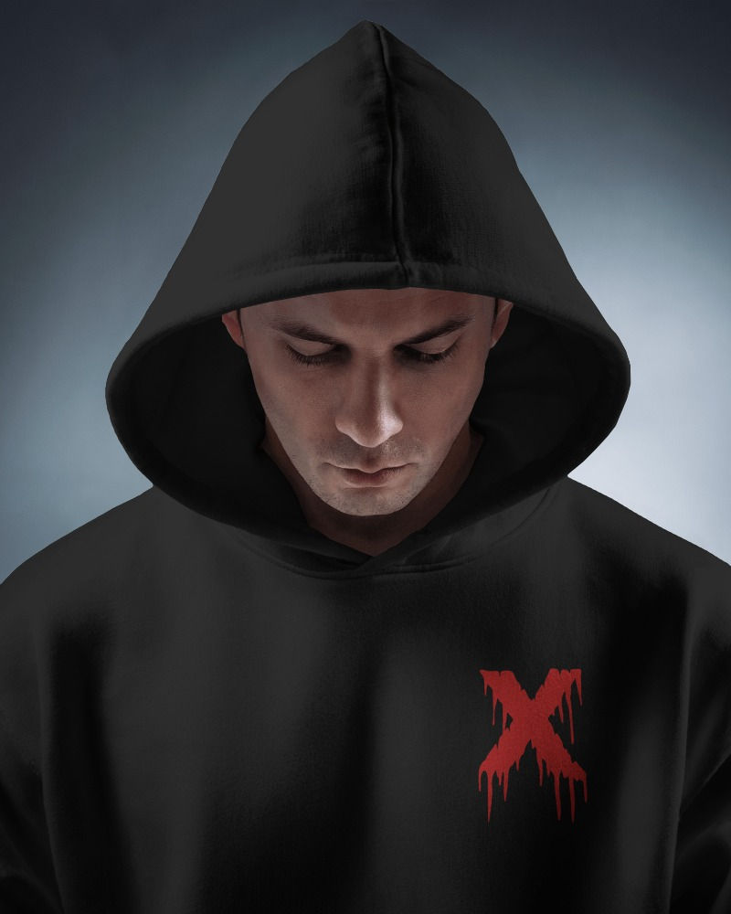 black oversized hoodie with front chest print