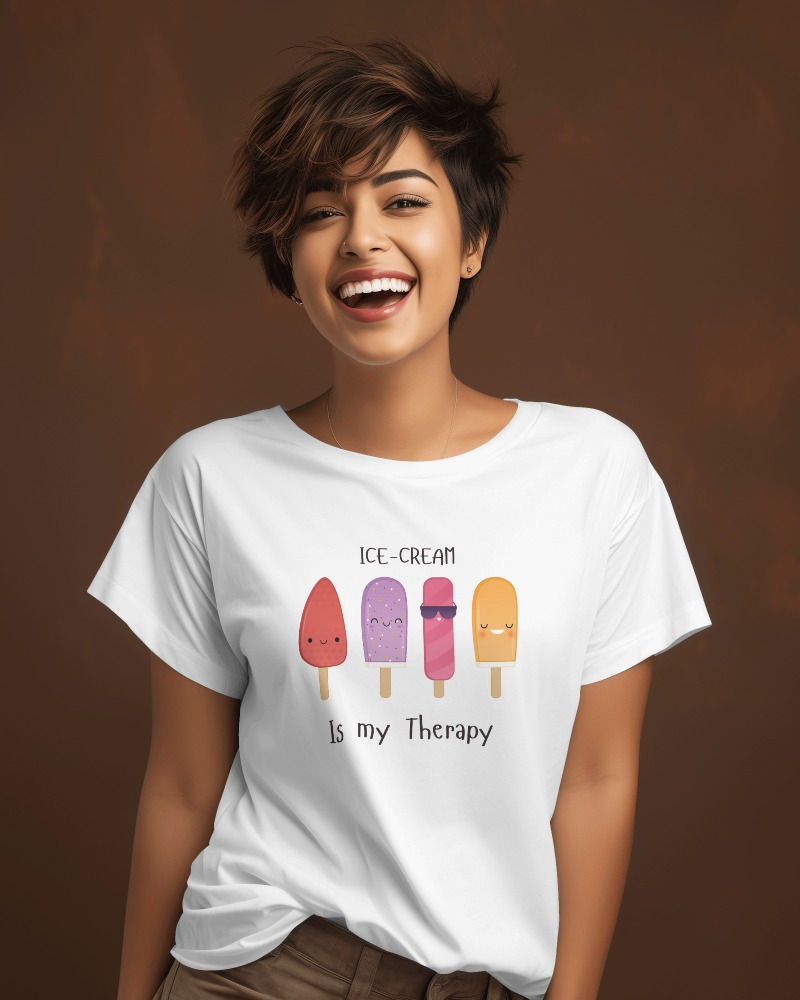 Morbido white round neck women's T-shirt with front design of popsicles with text, "ice cream is my therapy"