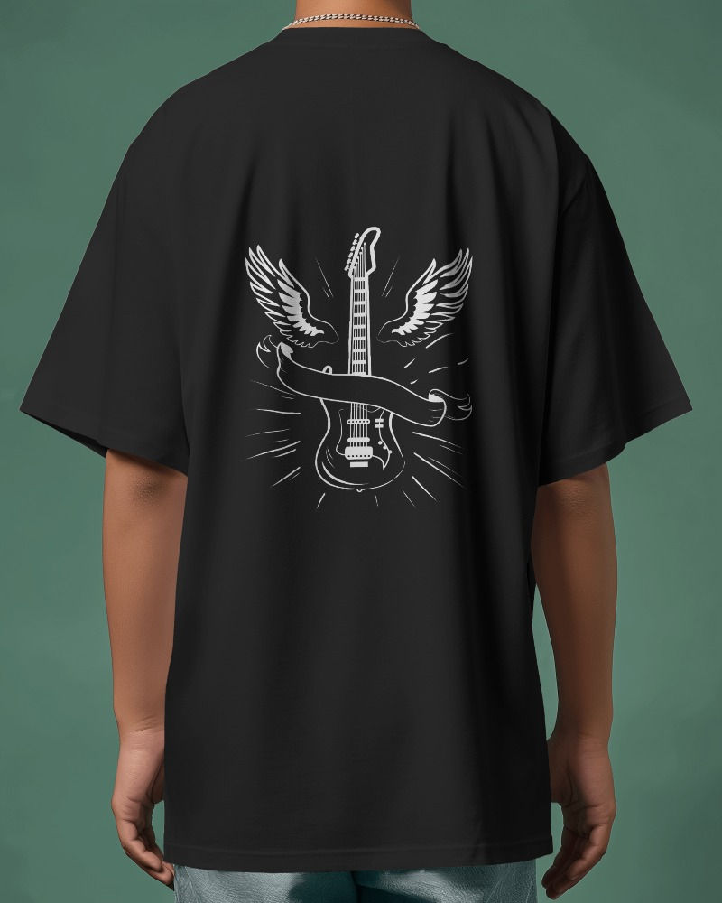 Black Men's Oversized T-shirt with back print of a guitar with wings