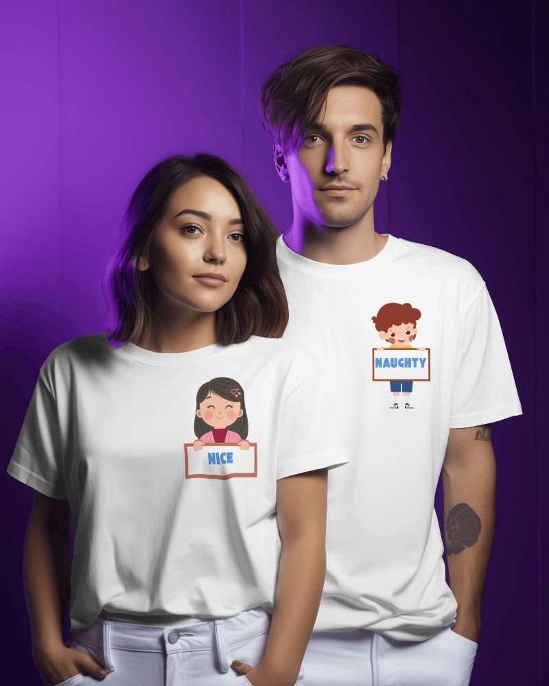 A couple wearing white round neck t-shirt with front chest print