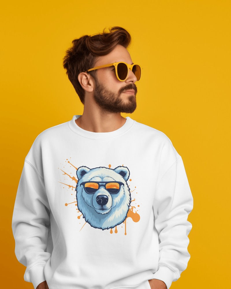 Morbido white men's sweatshirt with front design of a bear face wearing shades