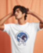 White round neck men's T-shirt with front design of an astronaut giving a dance pose and text, "dancing among the star"