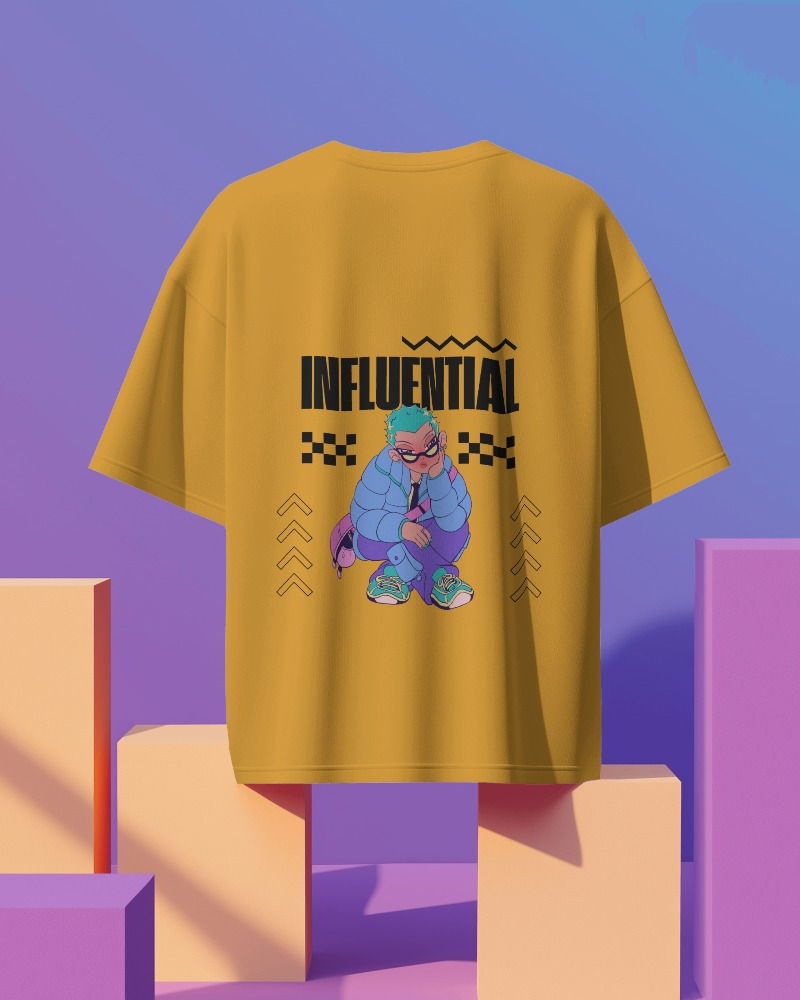 Mustard yellow unisex oversize T-shirt with back print and text, "influential"