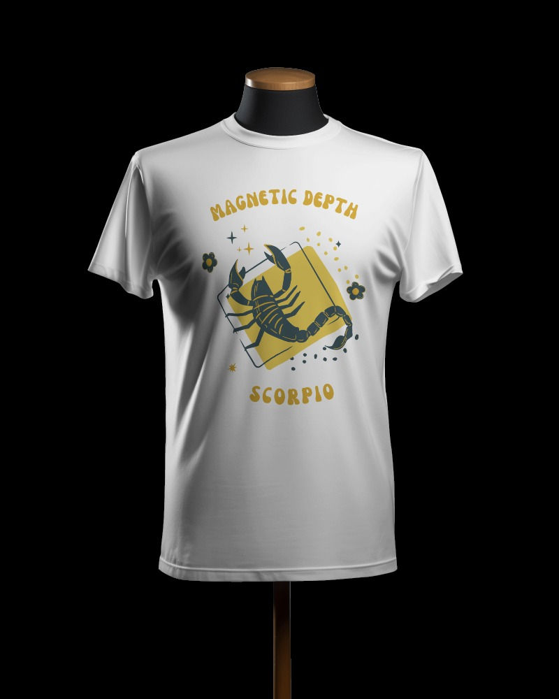 Morbido White round neck unisex zodiac T-shirt with front design of scorpio sign and text, "magnetic depth"
