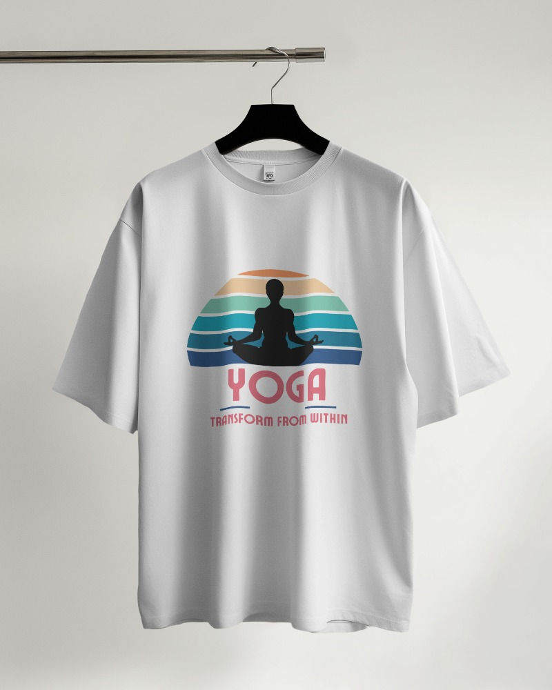 White unisex oversized T-shirt with front print of a person sitting in a yoga pose with text, "change from within"