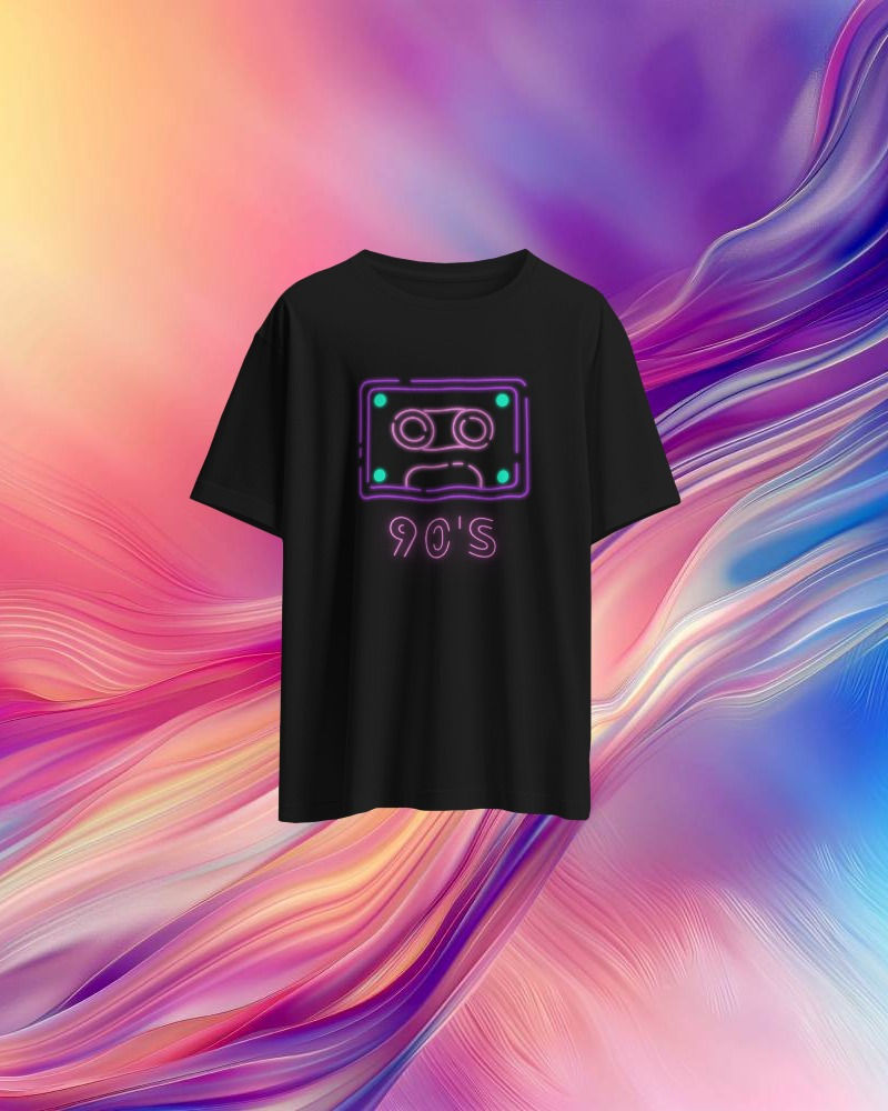 Morbido Black round neck Unisex T-shirt with front design of a cassette and text, "90s" a