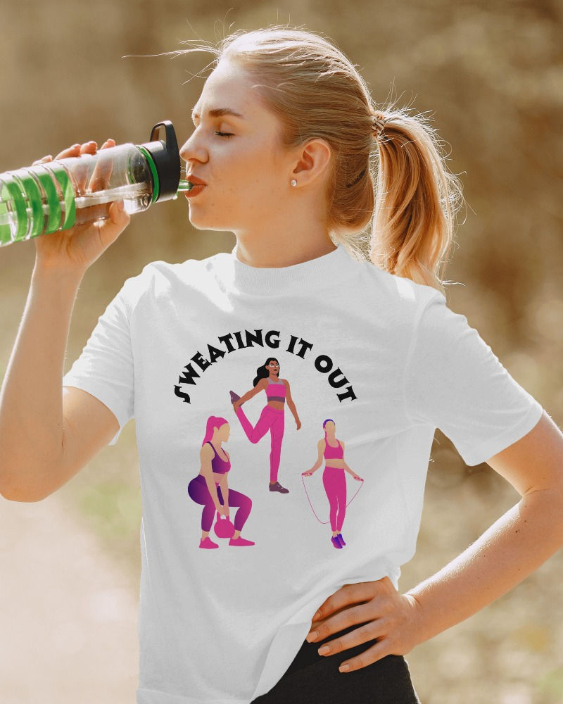 Morbido round neck white women's T-shirt with design of three women doing different exercises and text, "sweating it out"