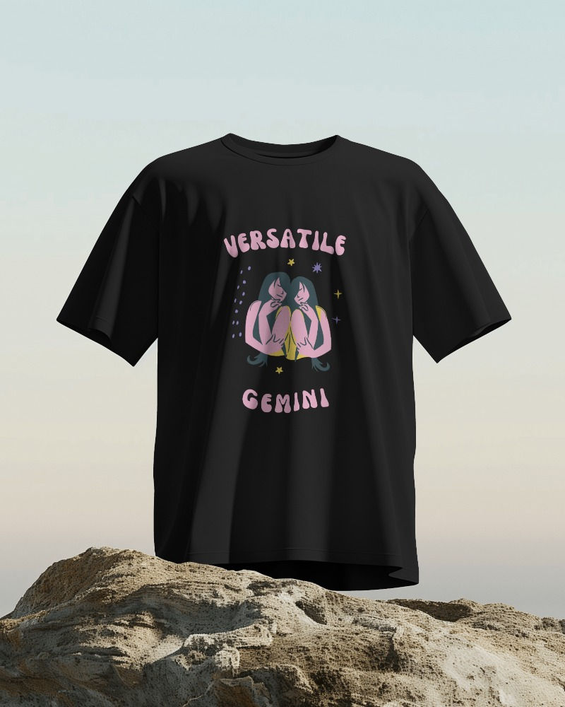 Morbido Black round neck unisex T-shirt with front design of Gemini sign and text, "Versatile"