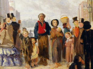 Victorian-era illustration of working-class families and children in the street, reflecting social inequality and the human cost of neglect that inspired charitable reform.