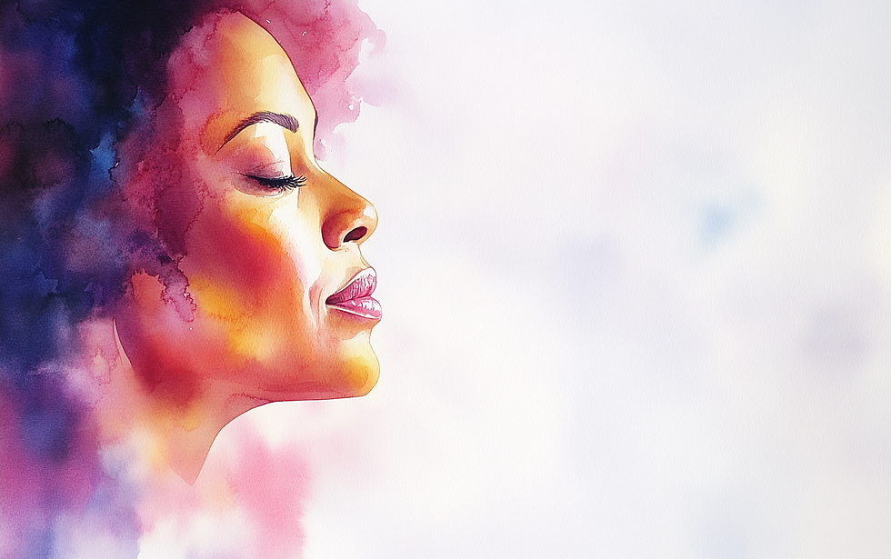 Watercolor-style profile portrait of a woman with eyes closed, rendered in soft, blended colors, conveying calm, introspection, and emotional depth.