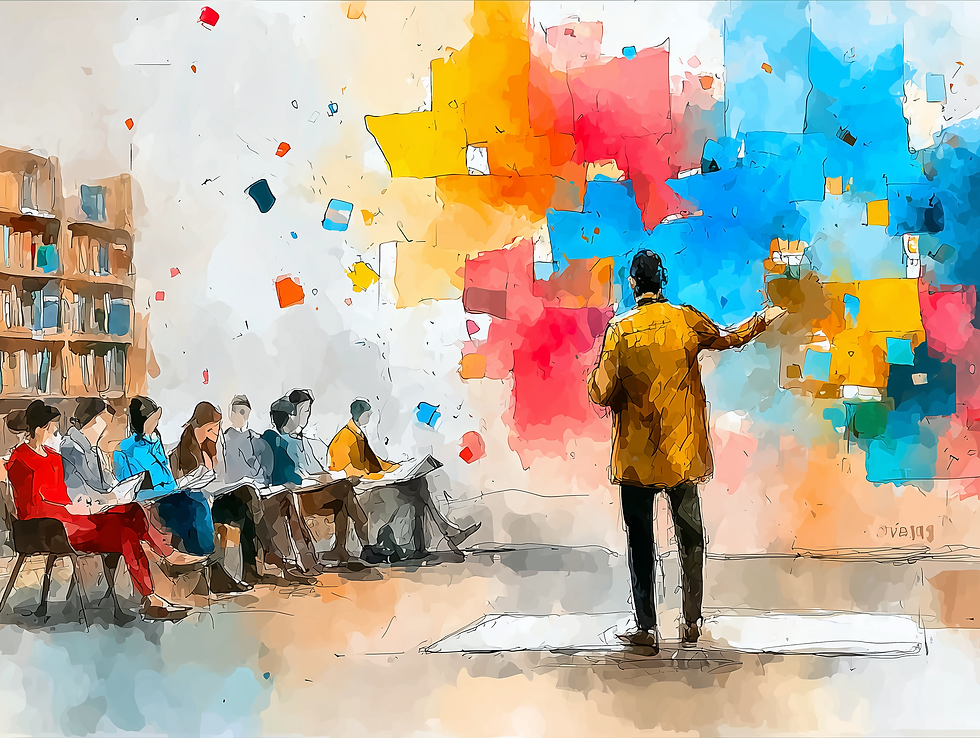 Watercolor-style illustration of a male instructor in a mustard coat facing a colorful abstract display wall while a diverse group of seated students takes notes in a library setting. Illustrates AI education in a community context.