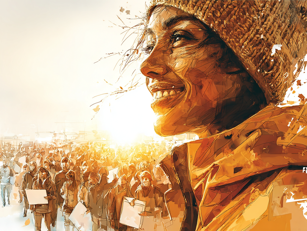 Illustrated close-up of a determined individual addressing a large crowd holding signs, representing advocacy, civic engagement, and collective action for social change.