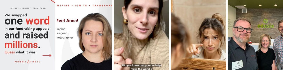 Collage of campaign graphics and people speaking on camera, representing storytelling, testing messaging strategies, and optimizing fundraising communications.