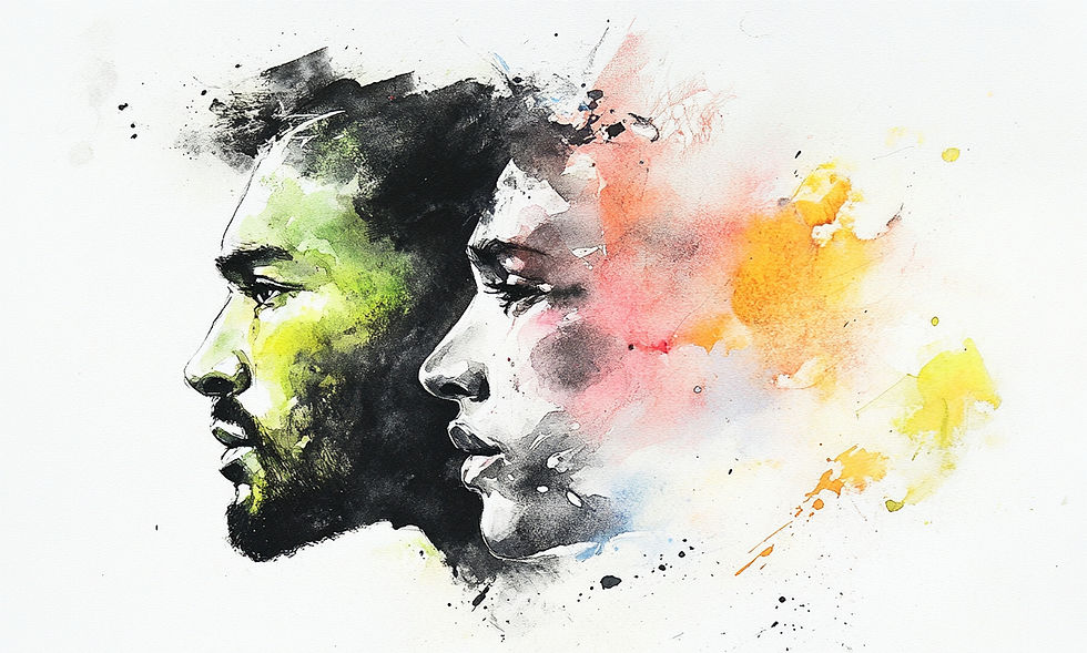 A watercolor illustration of two faces in profile facing opposite directions, one rendered in dark tones and one emerging in soft color, representing the contrast between risk and informed decision-making.
