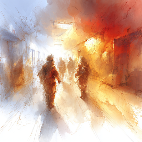 People evacuating a building hallway filled with smoke and orange light, suggesting an emergency response or crisis situation in progress.