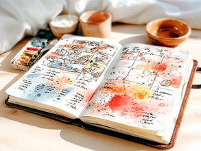 Open notebook with illustrated planning pages and notes, representing reflective habits, intentional learning, and thoughtful leadership practice.