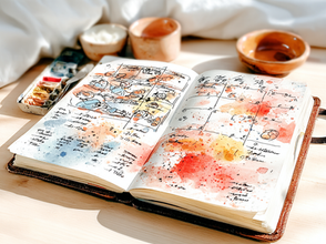 Open notebook with illustrated planning pages and notes, representing reflective habits, intentional learning, and thoughtful leadership practice.