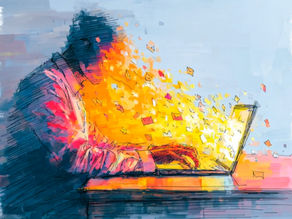 A dramatic painted illustration of a figure hunched over a laptop as an explosion of light and scattered data erupts from the screen, representing a cybersecurity breach.