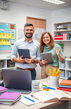 Coordenadores pedagógicos com tablets e materiais, alinhamento curricular
