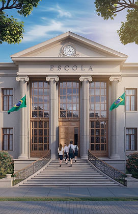 Fachada clássica de escola, bandeiras do Brasil e gestores subindo a escada