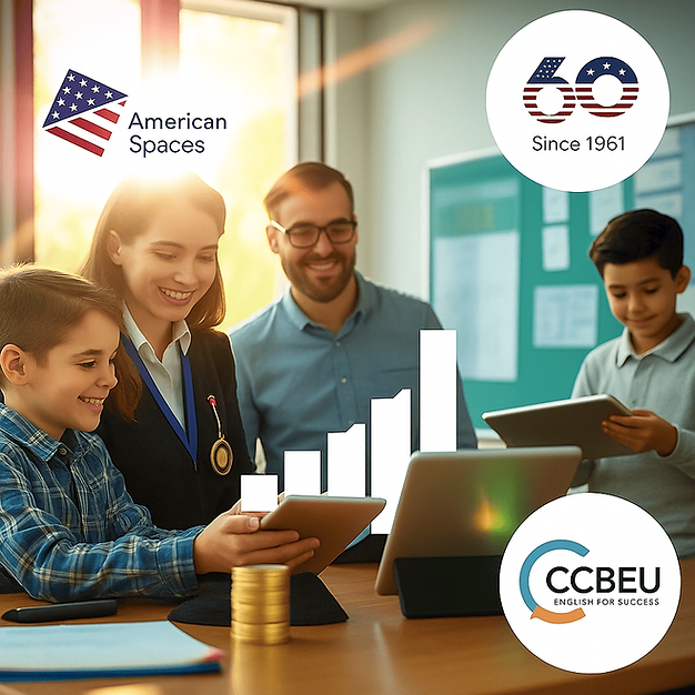 Alunos e professores CCBEU com tablets, gráfico de sucesso e logos de parceria