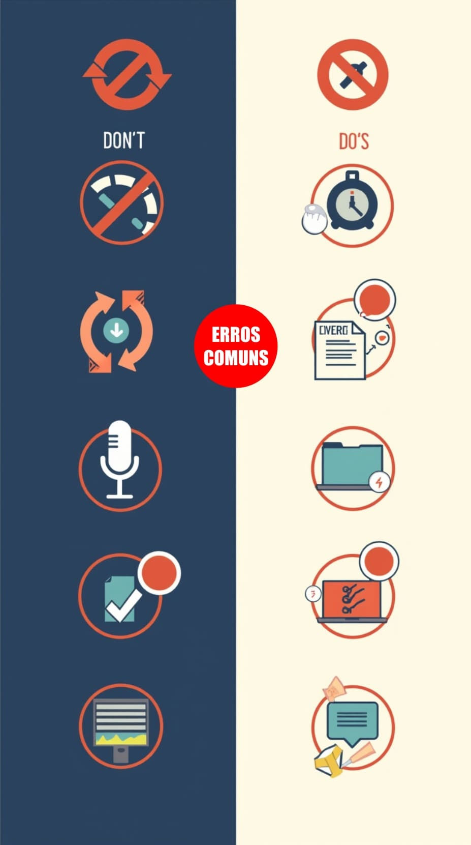 Infográfico, lado esquerdo ícones de setas circulares ou um símbolo de loop, velocímetro com a agulha no máximo, balão de fala vazio ou um símbolo de silêncio. No lado direito ícones de microfone com um sinal de verificação (checkmark) ou uma bolha de fala com retorno, representando a prática acompanhada de correções, lista de verificação ou uma pasta com um checkmark, indicando a escolha criteriosa dos recursos. Use cores contrastantes para diferenciar o lado esquerdo como Don´ts e o lado direito como Do´s