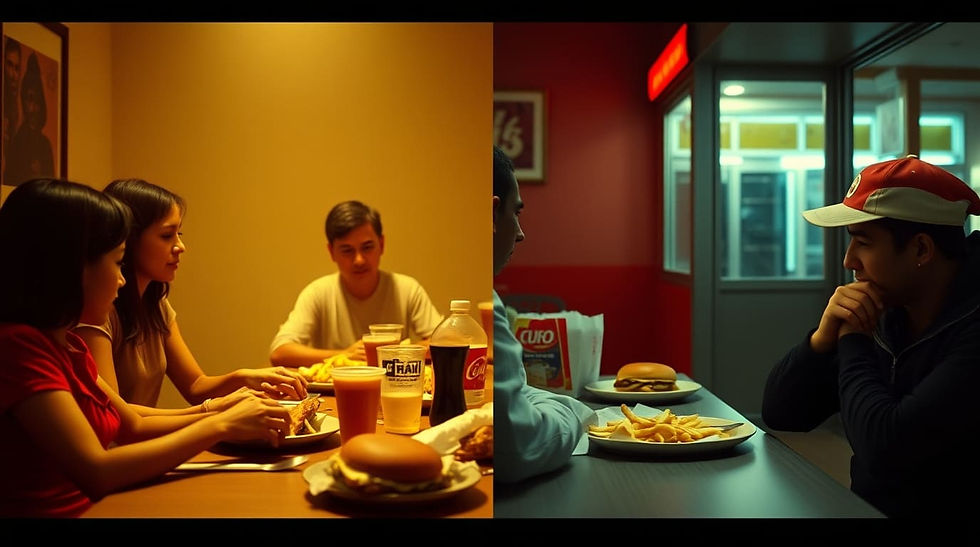 Imagem mostra as diferenças culturais entre brasileiros e americanos quanto aos hábitos de alimentação. Do lado brasileiro pessoas sentadas à mesa de refeição e noutro lado um homem americano sentado sozinho em uma lanchonete comendo um hamburger. O melhor curso de inglês de Goiânia, proporcionando imersão cultural para melhor adaptação nos Estados Unidos.