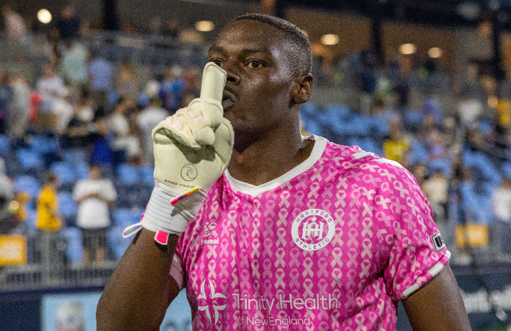 Siaha shushing the RIFC faithful. Photo courtesy of Hartford Athletic