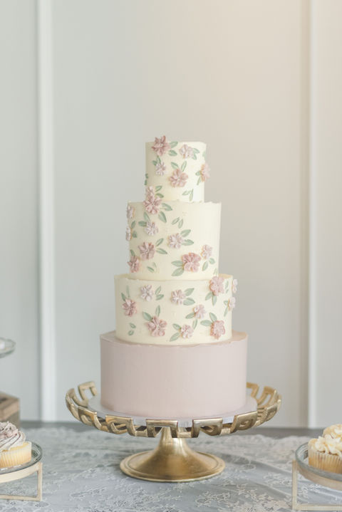Beautiful, custom wedding cake with pale roses designed for wedding in Hershey PA