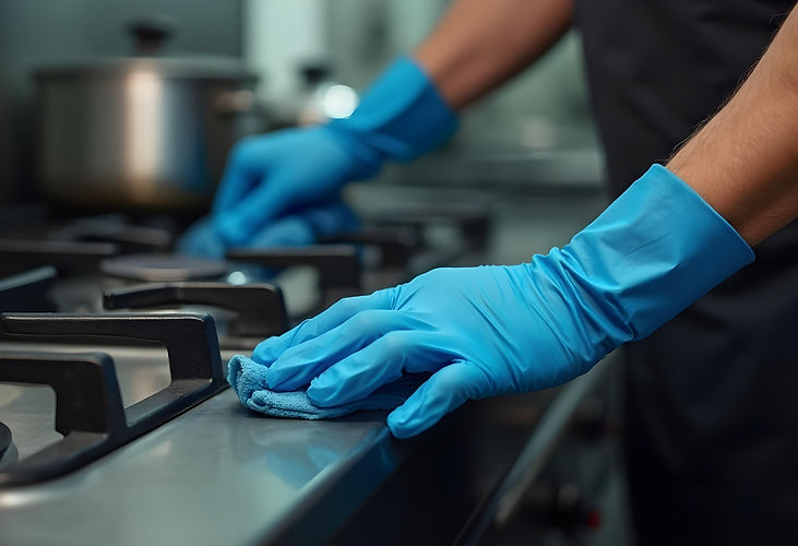 Close up of Squeaky Clean Kitchens cleaning a stove in the kitchen of a Boston, MA client