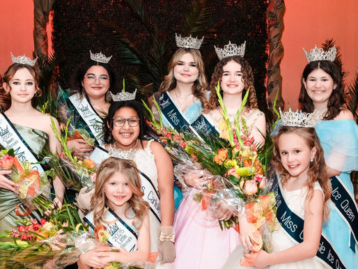 2025 Miss Carlisle Ice Queen Court on Competition Night in their gowns, with their crowns, and with their flowers