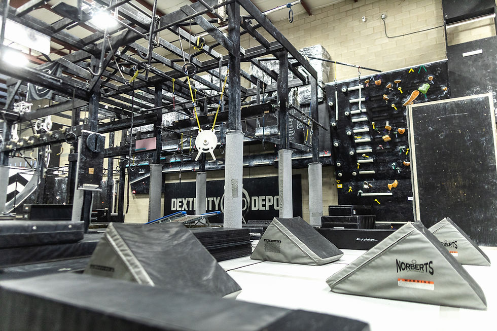 Inside Dexterity Depot Ninja Gym in Camp Hill, PA showing off lots of ninja champion training equipment