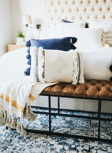 Bedroom Interior Design Pillow Feature on Tuffed Bench in Mechanicsburg PA