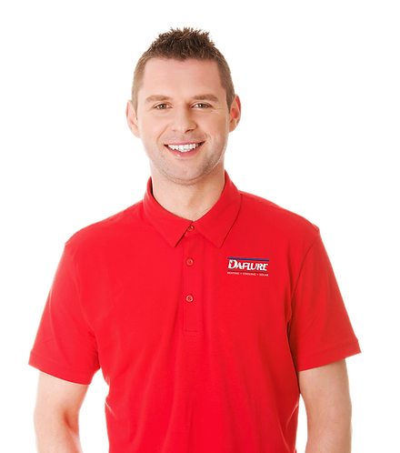 Daflure HVAC technician smiling in a red shirt