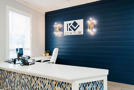Kelso Law Front Lobby with multi colored blue and gold tile designed by Emily Fischer