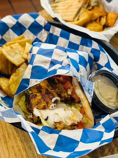 Chicken Gyro with True Blue Mediterranean's famous Lemonaize sauce and pita chips