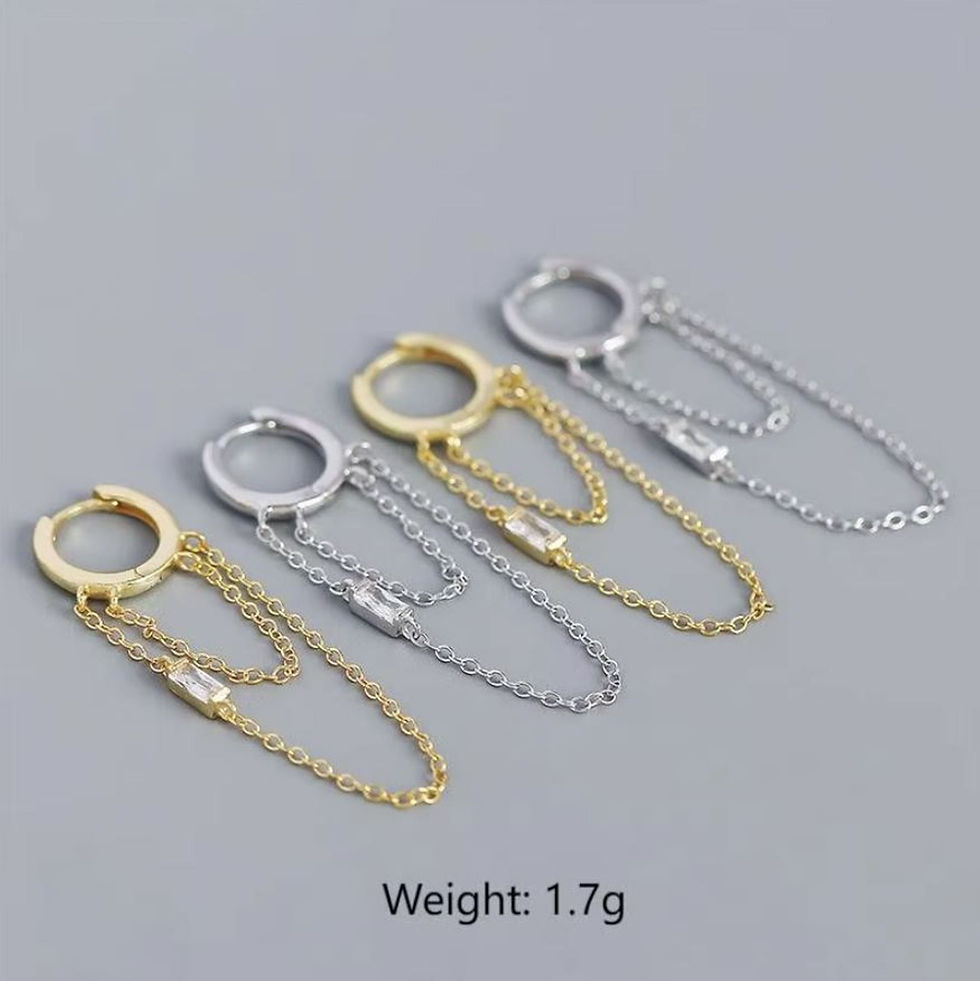 Thumbnail: Elegant 925 Sterling Silver/18k Gold Plated 14g Long Tassel Hoop Cuff Earrings
