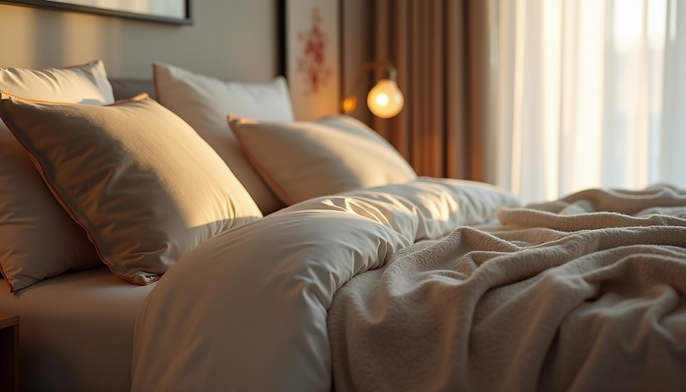 Cozy bedroom with layered lighting and inviting bedding