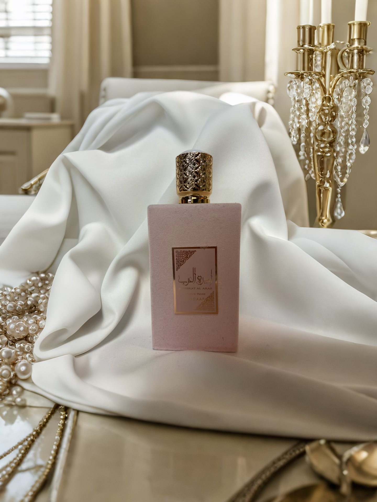 flacon rose clair, bijoux en arriere plan