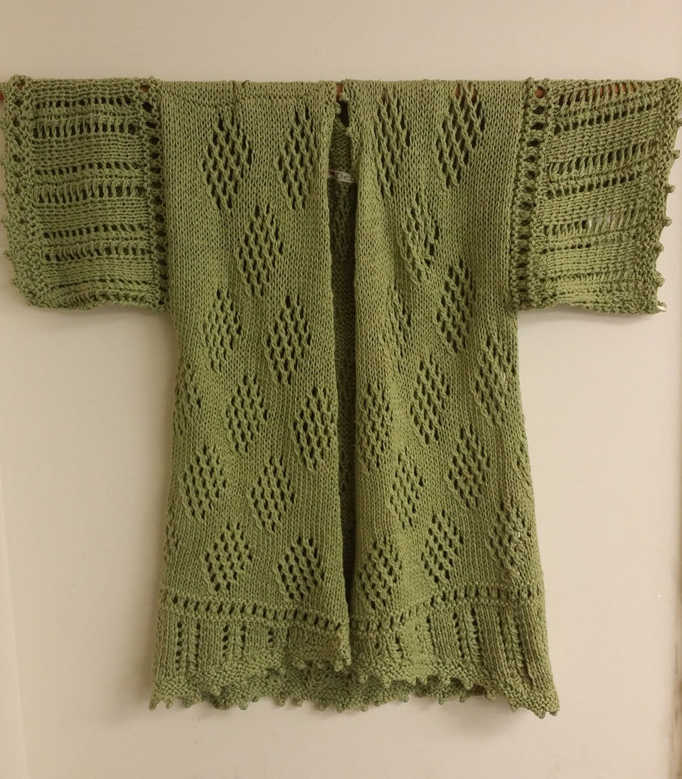 New England based Italian Knitwear Designer, Debbie D'Errico, Handknit Green Cardigan with Eyelet Lace at Epoch Gallery