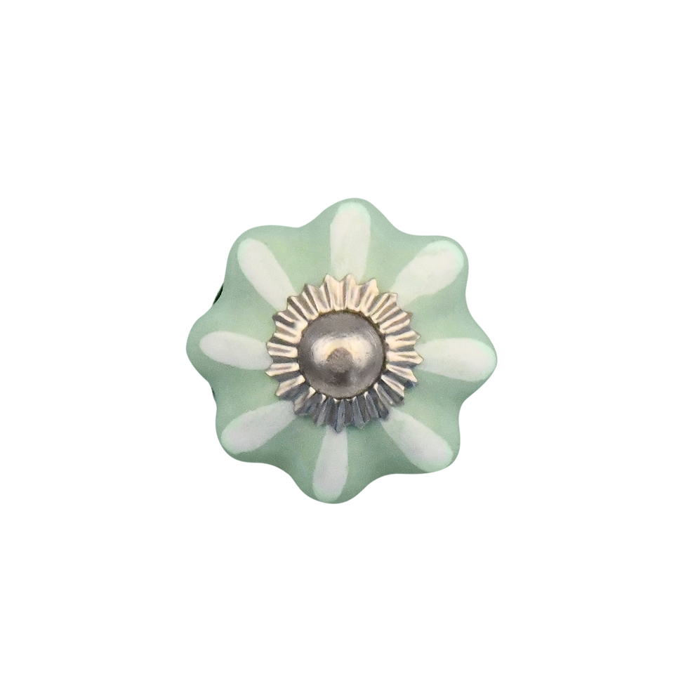 Porcelain furniture knob green white flower - 30 MM (Pack of 8 Pcs)