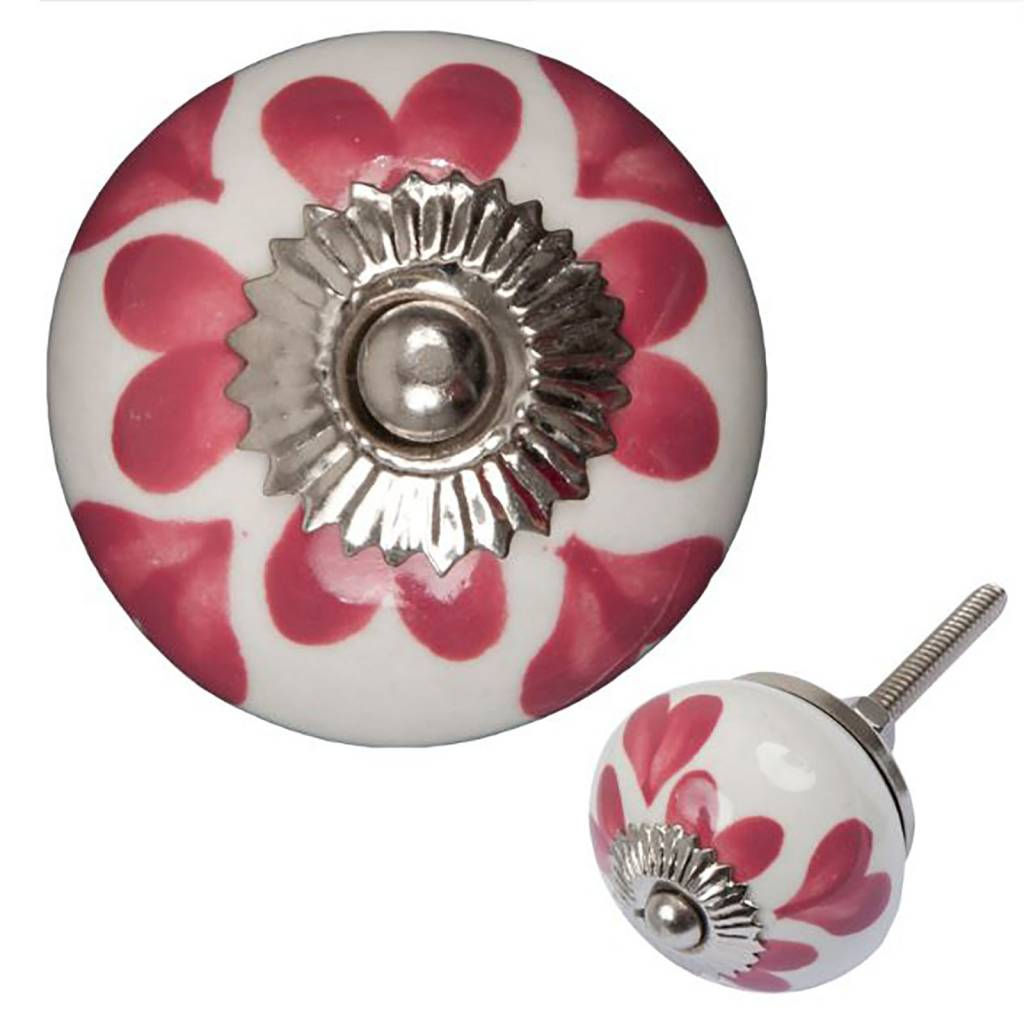 Porcelain furniture knob white pink hearts (Pack of 8 Pcs)