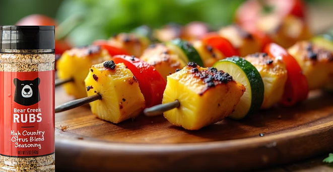 Bear Creek Rubs High Country Citrus provides the flavor for chicken skewers with pineapple and vegetables